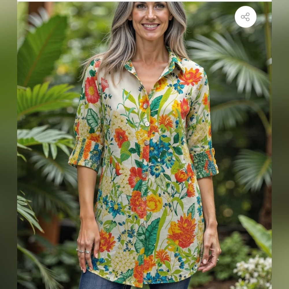 John Mark Print Tunic with Shirred Cuff Sleeves - Floral Multi